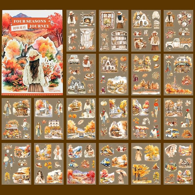Fall Landscape Pre-Cut Autumn Journal Sticker Book, Transparent PET Watercolor - Image 2
