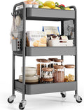 TOOLF 3 Tier Rolling Cart Storage Organizer, Metal Rolling Utility Cart with Wheels, Hooks & Bins Esthetician Craft Art Sturdy Storage with Pegboard for Bathroom, Kitchen, Office, Nursery Diaper