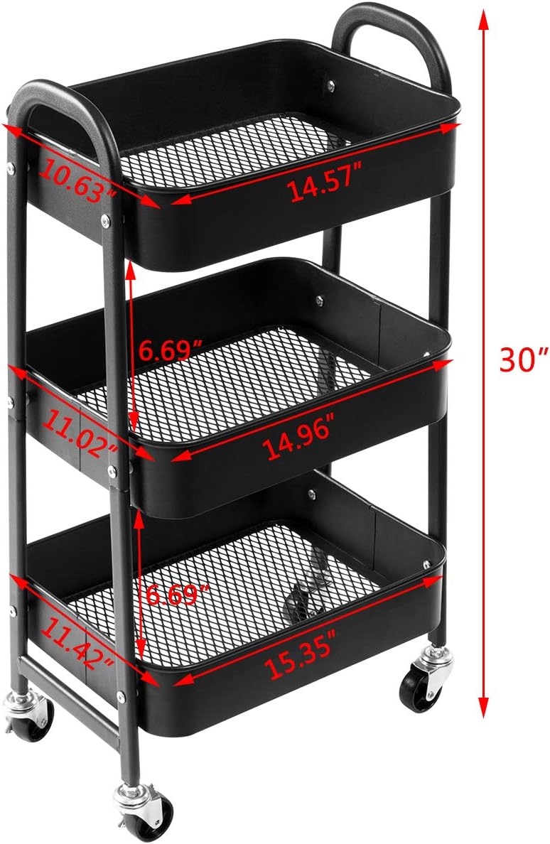 AGTEK Makeup Cart, Movable Rolling Organizer Cart, Black 3 Tier Metal Utility Cart