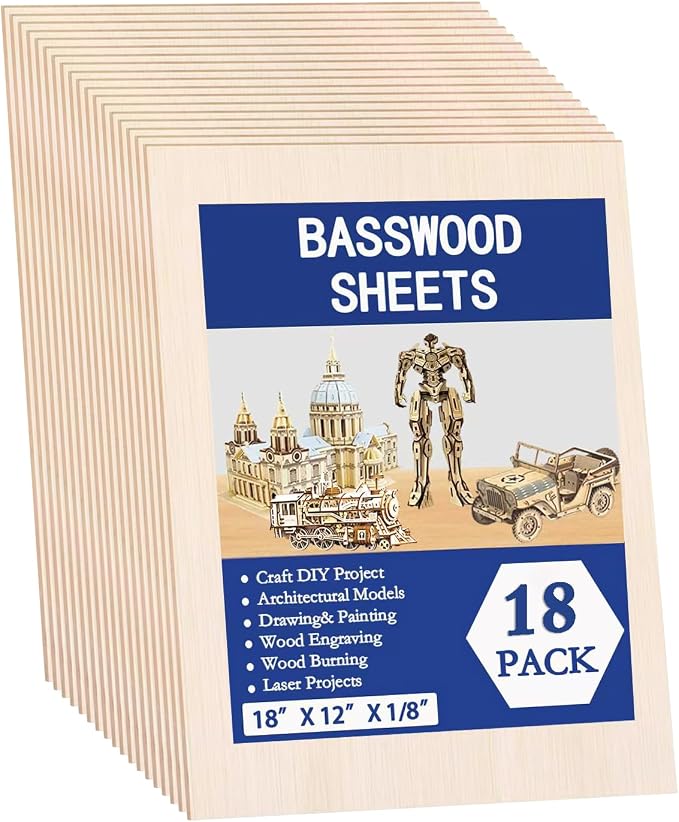 18 Pack Basswood Sheets for Crafts 12x18x1/8 Inch, 3mm Thick Unfinished Balsa by KMRIPYUSPORTS
