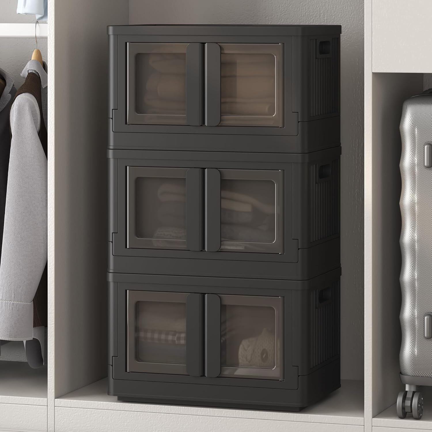 FLEXIMOUNTS 110 QT Stackable Storage Bins With Lids, Collapsible Plastic Storage Bins With Doors and Built-in Wheels For Home Dorm Closet Organizers and Storage, 3 Pack Cubes, Black