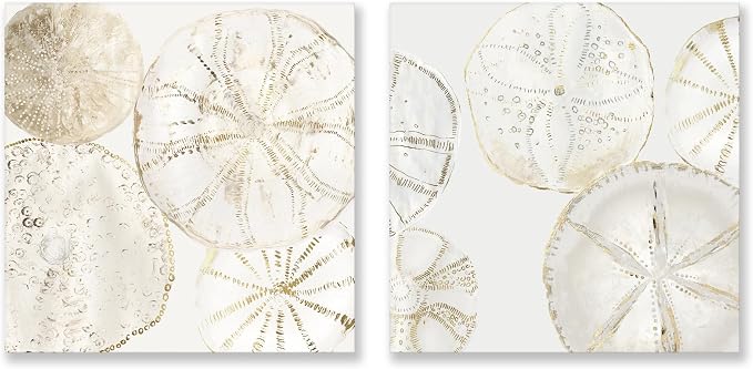2 Pieces Coastal Wall Art Sea Shell Sand Dollar Painting Modern Abstract Gold by JAPOART
