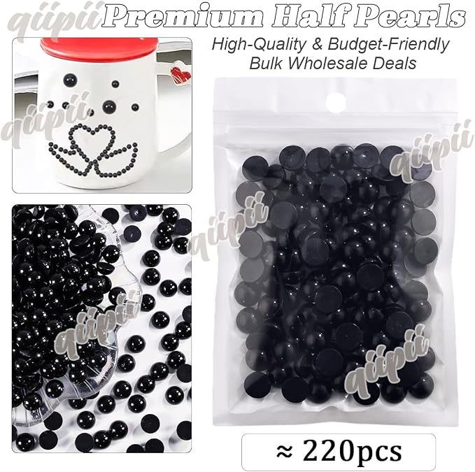 qiipii 220PCS 10mm Pure Black Round Half Round Pearls - Image 2