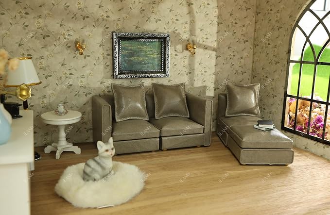 iLAND Dollhouse Furniture Sectional Dollhouse Couch Set Grey Faux Leather Sofa - Image 3