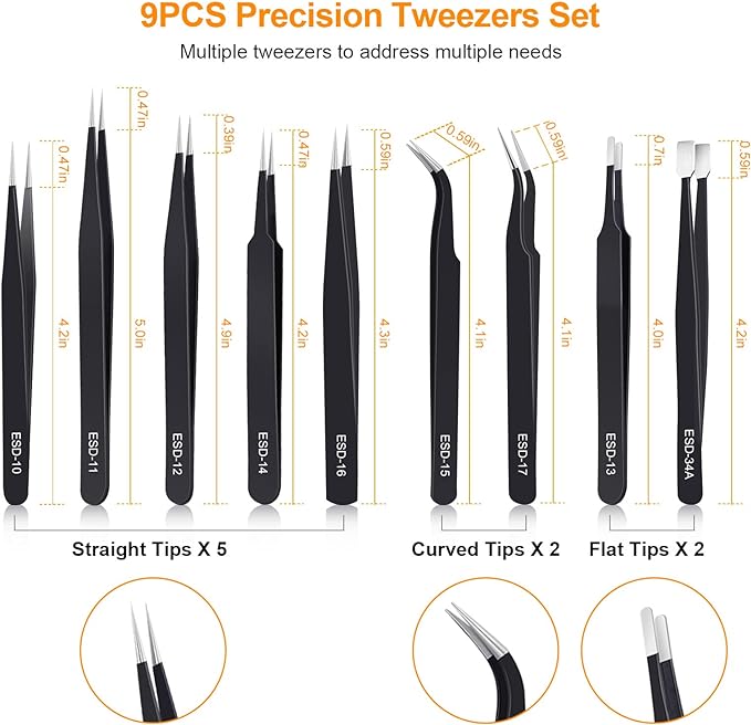 kaverme 9PCS Precision Tweezers Set, Upgraded Anti-Static Stainless Steel of - Image 2