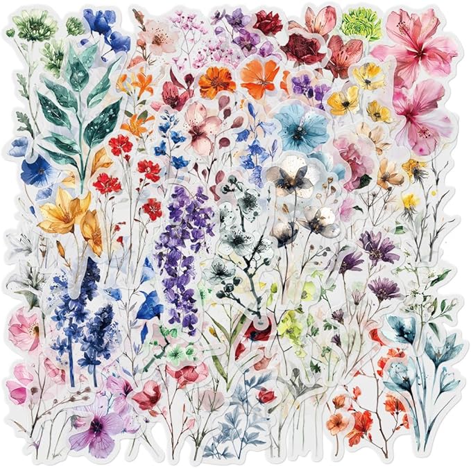 50-Pack Transparent Waterproof Watercolor Wildflower Flower Scrapbook Stickers by YOKSAS