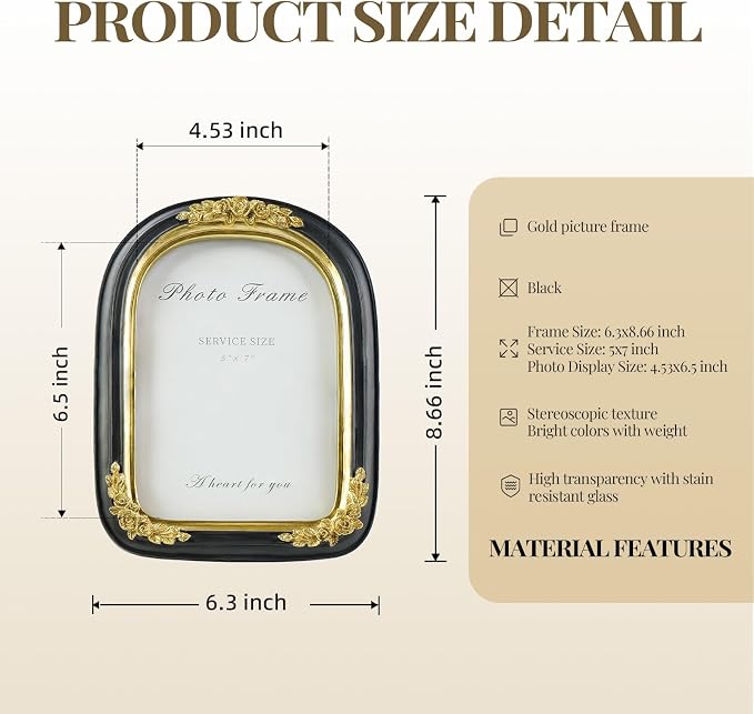 Cuspin Vintage 5x7 Picture Frame Black and Gold, Ornate Arched Resin Photo Frame - Image 5