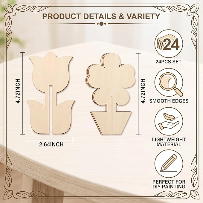 24-Piece 3D Craft Set Wooden Unfinished Wood Crafts Flowersspring Crafts - Image 2