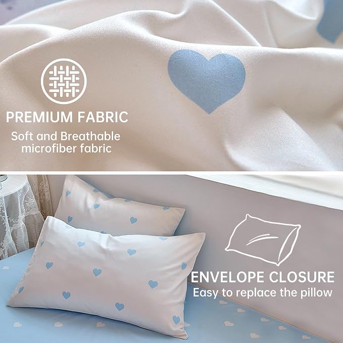 BOLINLIVING Cute Duvet Cover Full Size, Reversible Light Blue & White Heart - Image 5