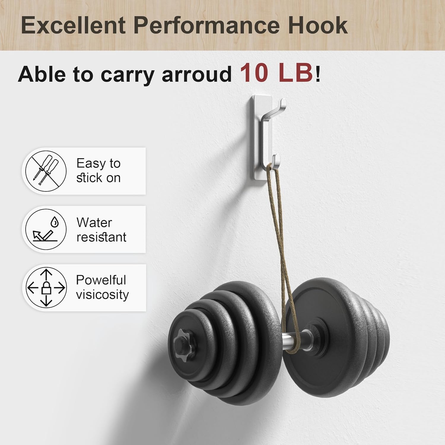 Wall Hooks for Coat and Towel: 13LB Adhesive Door Hanger Stick on, Silver 6 Pack