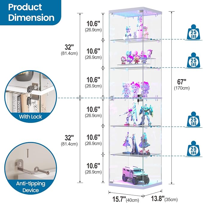 Dystler 6-Tier Glass Display Cabinet, RGB LED Lights & Lock | 66.9" Display Case - Image 2