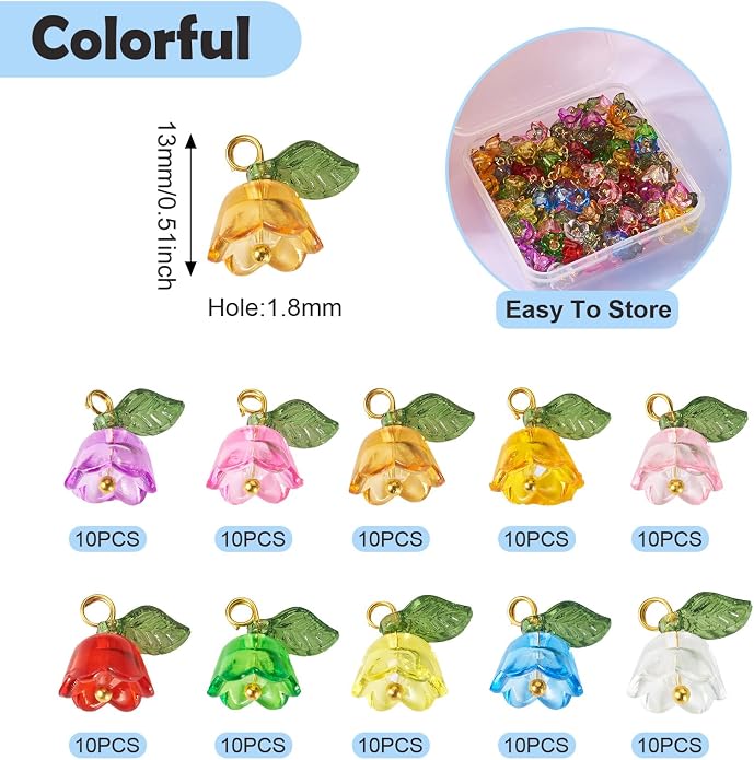 Cheriswelry 100pcs Flower Bracelet Charms Leaf Flower Acrylic Dangle Pendants - Image 3