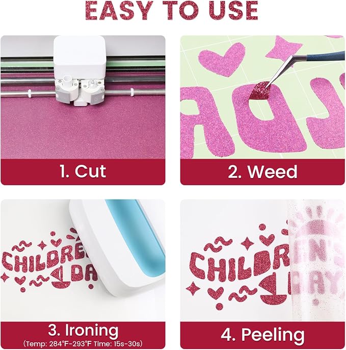Glitter HTV Heat Transfer Vinyl, Hot Pink 12pcs 12" x 10" Iron-on Vinyl | Iron - Image 3