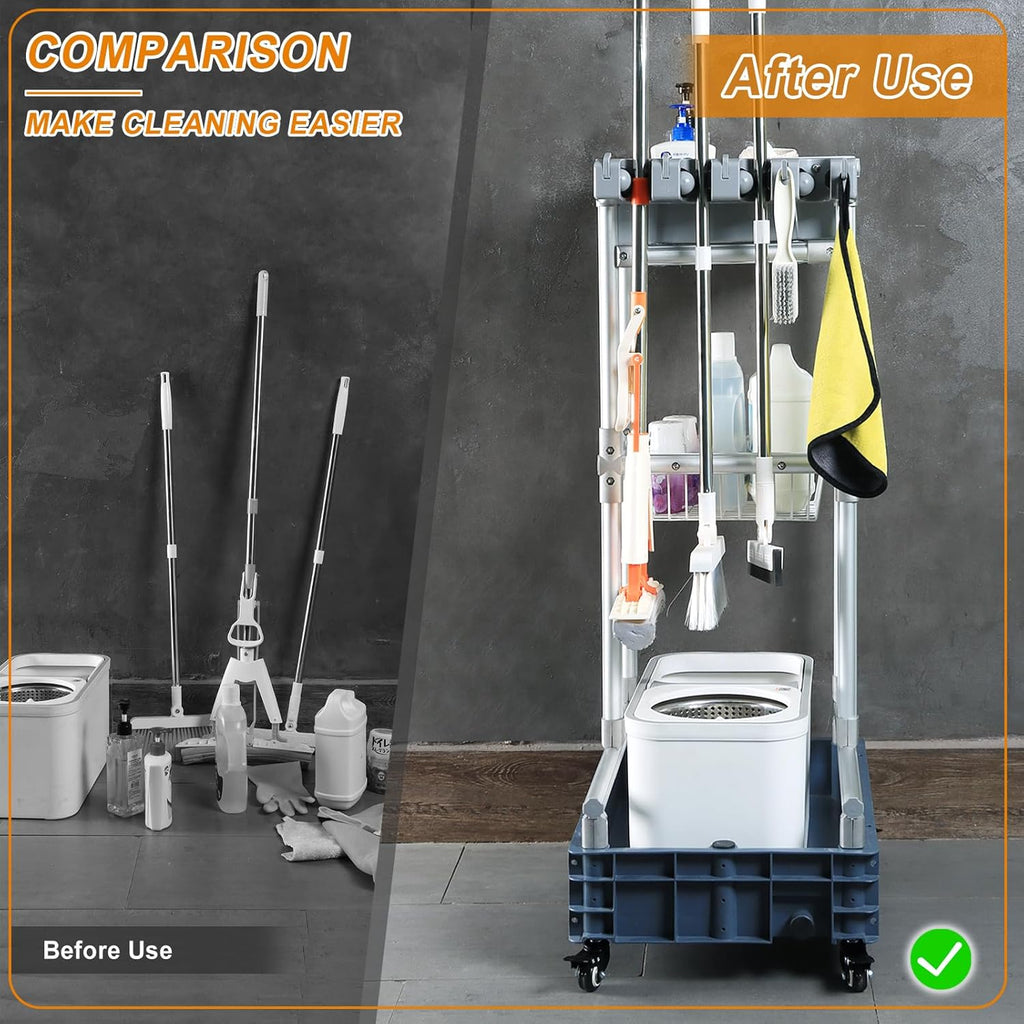 Rolling Cleaning Cart with Mop & Broom Organizer ， Convenient Storage Cart for Janitorial Supplies, Tools, and Cleaning Equipment ， Floor Cleaning Station with Wheels for Housekeeping, Garage &Garden