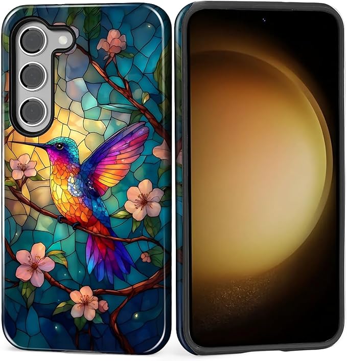 for Samsung Galaxy S23 Case, Stained Glass Hummingbird Pattern Glossy 2 in 1 by Teonvpu