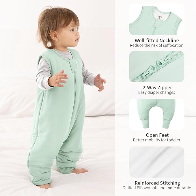 Rayon Made From Bamboo Sleep Sack 6-12 Months 0.5 Tog Ultra Soft Summer Toddler Sleep Sack with Feet 2-Way Zipper Lightweight Sleeping Bag Baby Wearable Blanket (2 Pack)-Green & Gray