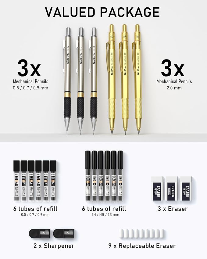 Nicpro Gold Art Mechanical Pencil Set, Metal Drafting Pencil 0.5, 0.9mm & 2mm - Image 4