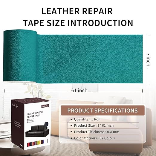 Leather Repair Patch Tape, Peacock Green 3 x 61 Inches Self Adhesive Leather - Image 2