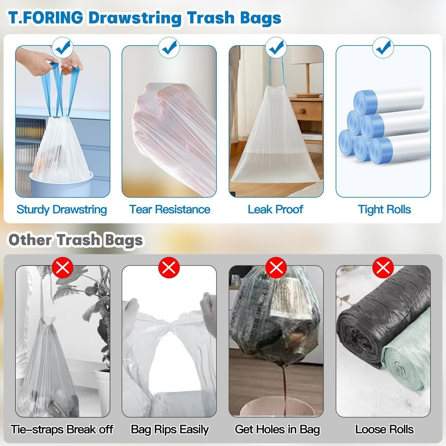 10-13 Gallon Trash Bags Drawstring 1.2 Mil - White Garbage Bags Unscented,37.8 Liter Strong Can Liners for Kitchen Home Office Bathroom,52 Count