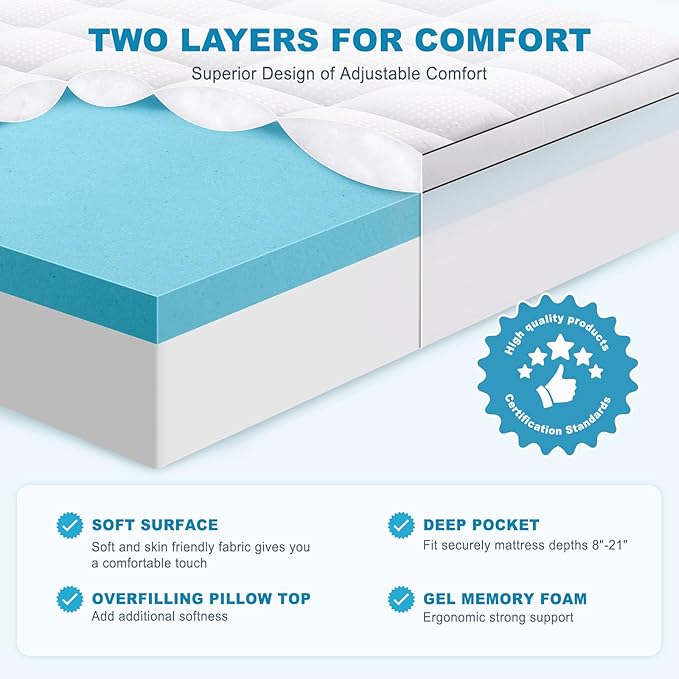 MASVIS Twin XL Size Dual Layer 4 Inch Memory Foam Mattress Topper, 2 Inch Gel - Image 2