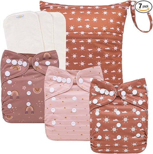 babygoal AWJ Cloth Diapers with Tummy Panel Pack of 7, 3 Diaper Cover with 3 Inserts and Wet Dry Bag, Adjustable Washable Reusable for Baby Girls and Boys