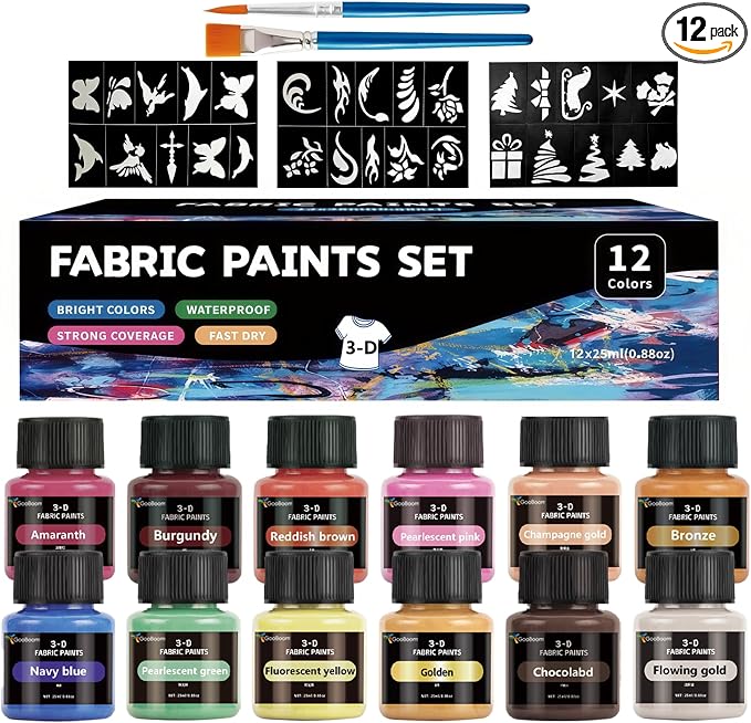 Fabric Paint Set, Pearlescent 12 Vibrant Colors Permanent Textile Paint by GooBoom