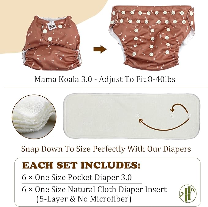 Mama Koala 3.0 Pocket Cloth Diapers for Babies with AWJ Lining, 6 Pack with 6 5-Layer Natural Cloth Diaper Inserts - Reusable and Washable Pocket Diapers(A-Love Animals)