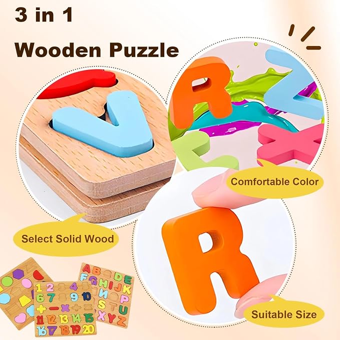 Wooden Puzzles for Toddlers 3-5, Boys & Girls, Montessori Toddler | 3 in 1 - Image 3