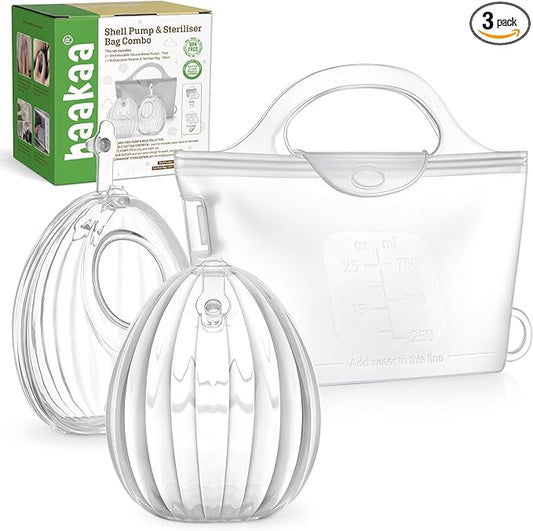 haakaa Wearable Silicone Breast Pump with Steriliser Bag, 2-in-1 Hands-Free Passive Breast Milk Catcher for Nursing Mom, Breastfeeding Essentials, 2-Pack 75ml Pumps & 1 Steriliser Bag, Frosted