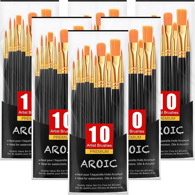 AROIC Acrylic Paint Brushes, 6 Packs / 60 pcs Nylon Hair Paint Brush Set by AROIC