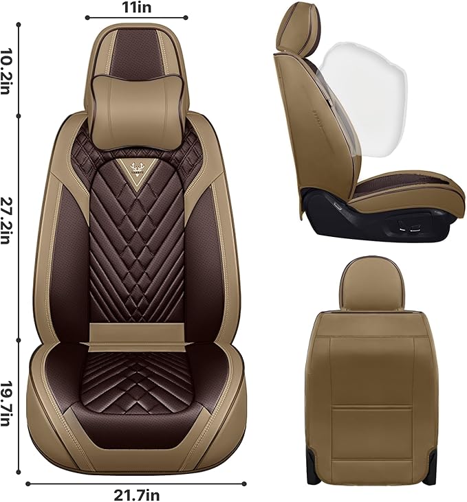 Car Seat Cover Full Set, Seat Cover for Car, Car Seat Cover Car Seat Protector Waterproof Leather Car Seat Cushion Full Coverage Seat Cover Front Seat Fit for Most Cars(2 Seat,Brown&Beige)