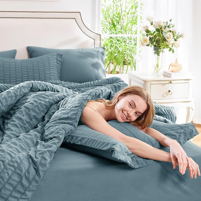 CozyLux King Size Comforter Set Mineral Blue Seersucker 7 Pieces Bed in a Bag - Image 7