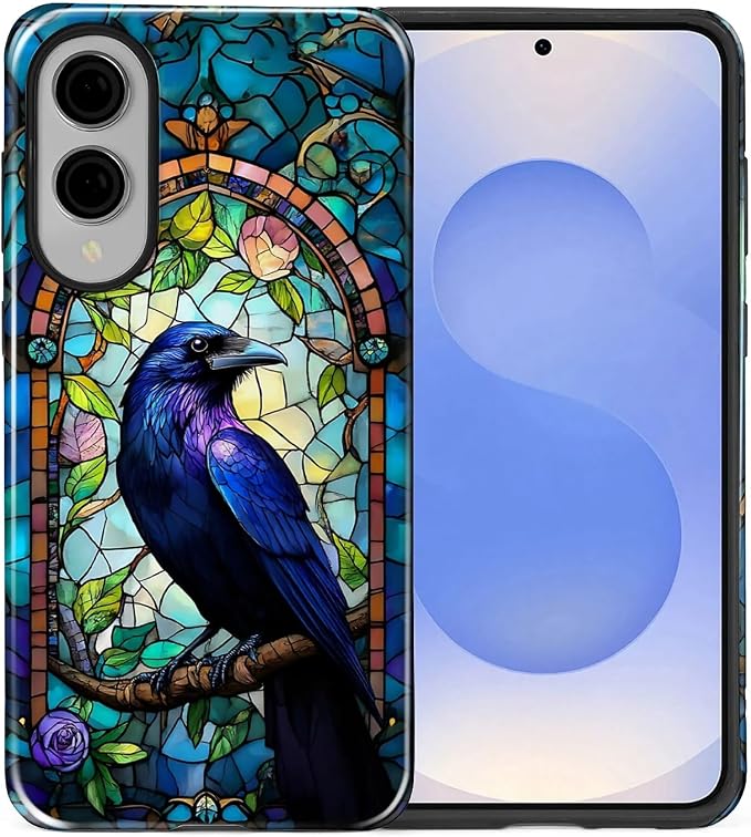 for Samsung Galaxy S25 Edge Case, Crow Faux Stained Glass Pattern Glossy 2 in 1 - Image 2