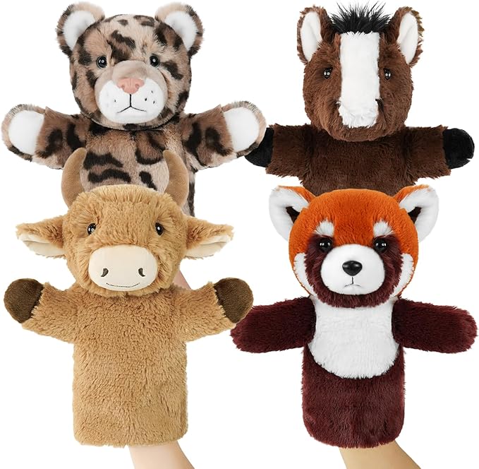 4 PCS 11 Inch Animal Hand Puppet Set Soft Realistic Wild Plush Puppets Toys by Okegztoa
