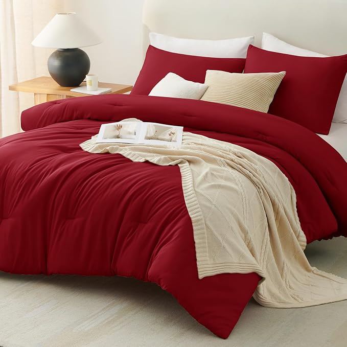 CozyLux Oversized Queen Comforter Set Dark Red, 3 Pieces 98x98 Solid Breathable - Image 7