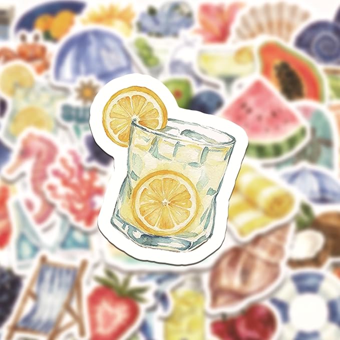 50 Pcs Watercolor Summer Beach Stickers, Tropical Ocean Fruit Sea Creature - Image 5