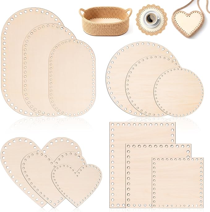 12PCS Wooden Basket Bottom, Oval Round Square Heart Shape Wood Blank Crochet by Unknown