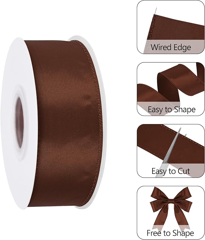 Brown 1.5 Inch Continuous 25 Yards Satin Wired Ribbon - Image 3