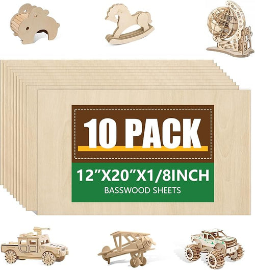 10 Pack Basswood Sheets 1/8x12x20 Inch, Unfinished Wood by ESRICH