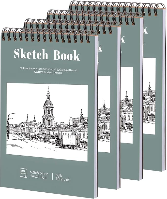 4 Pack Small Sketch Books, 5.5 x 8.5 Inch Mini Sketchbook, 68lb/100gsm Spiral by Prudiut