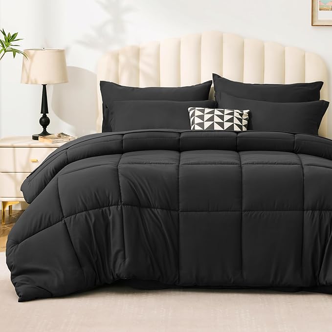 Love's cabin Queen Comforter Set Ash Black, 7 Pieces Queen Bed in a Bag by Lovescabin