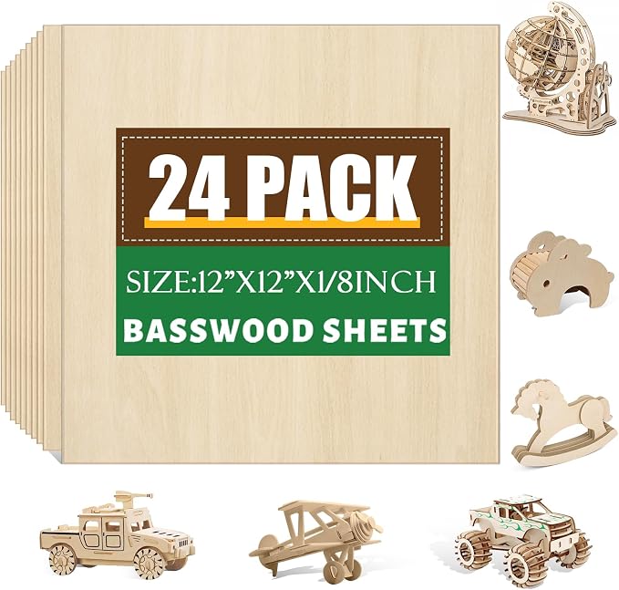 24 Pack Basswood Sheets 1/8 x 12 x 12 Inch by ESRICH