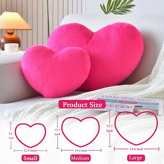 Hot Pink Heart Pillows, Cute Heart Decorative Pillow, Heart Shaped Throw Pillows for Bed, Faux Rabbit Fur Plush Hoom Decor Pillow Cushion for Chair Sofa Living Room (Large-19.6"x15.7")