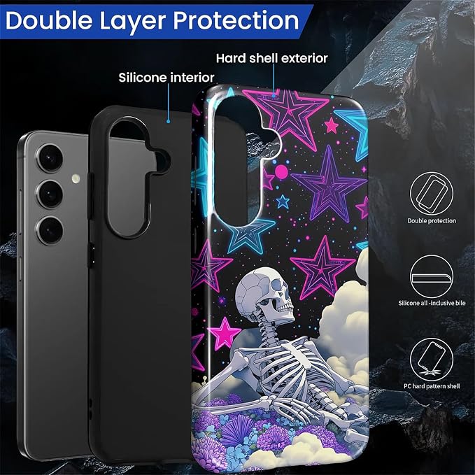 for Samsung Galaxy S25 Case, Skull Star Collage Pattern Glossy 2 in 1 - Image 3
