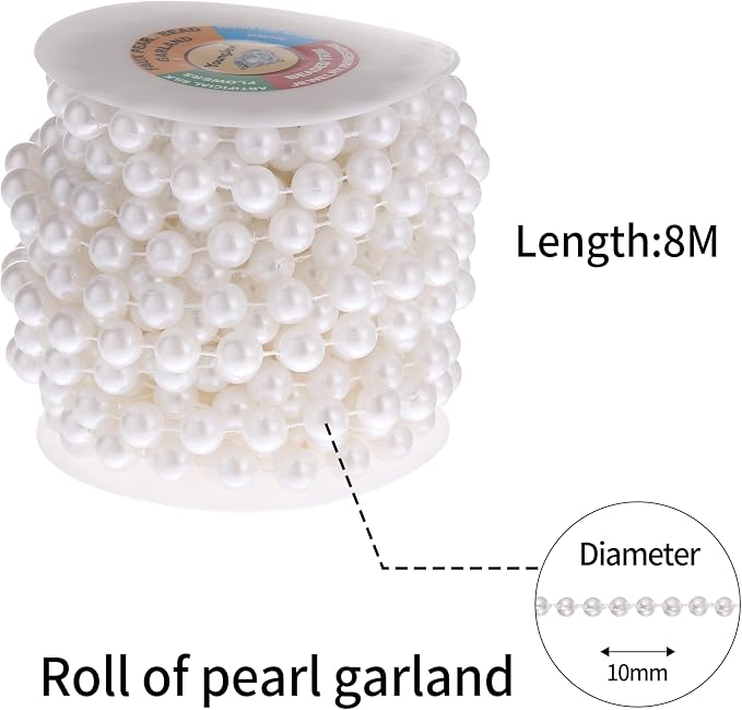 10mm Pearl Strands, 9 Yds of White Fake Beads Garland Spool Roll - Image 2