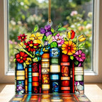 Book Lover Gifts for Women Acrylic Faux Stained Glass Window Hanging, Floral - Image 3