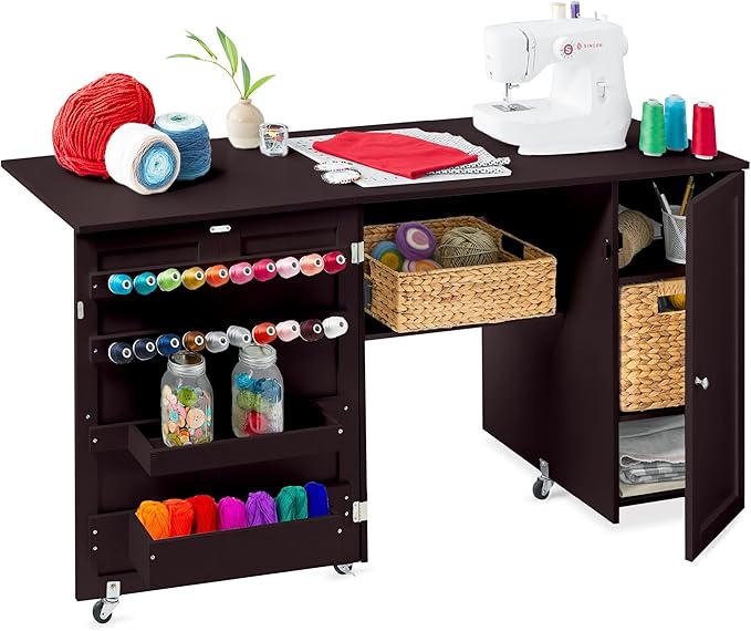 Best Choice Products Large Folding Sewing Table, Caster Wheels, Storage Shelves by Unknown