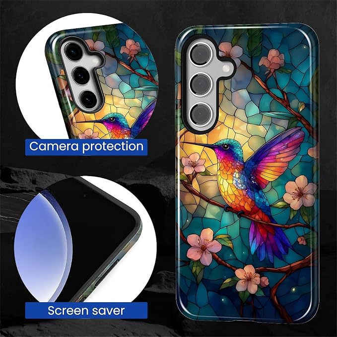 for Samsung Galaxy S24 FE Case, Stained Glass Hummingbird Pattern Glossy 2 in 1 - Image 6