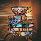 Floral Books and Tea Acrylic Suncatcher Stained Glass Effect Window Car Hanging - Image 7