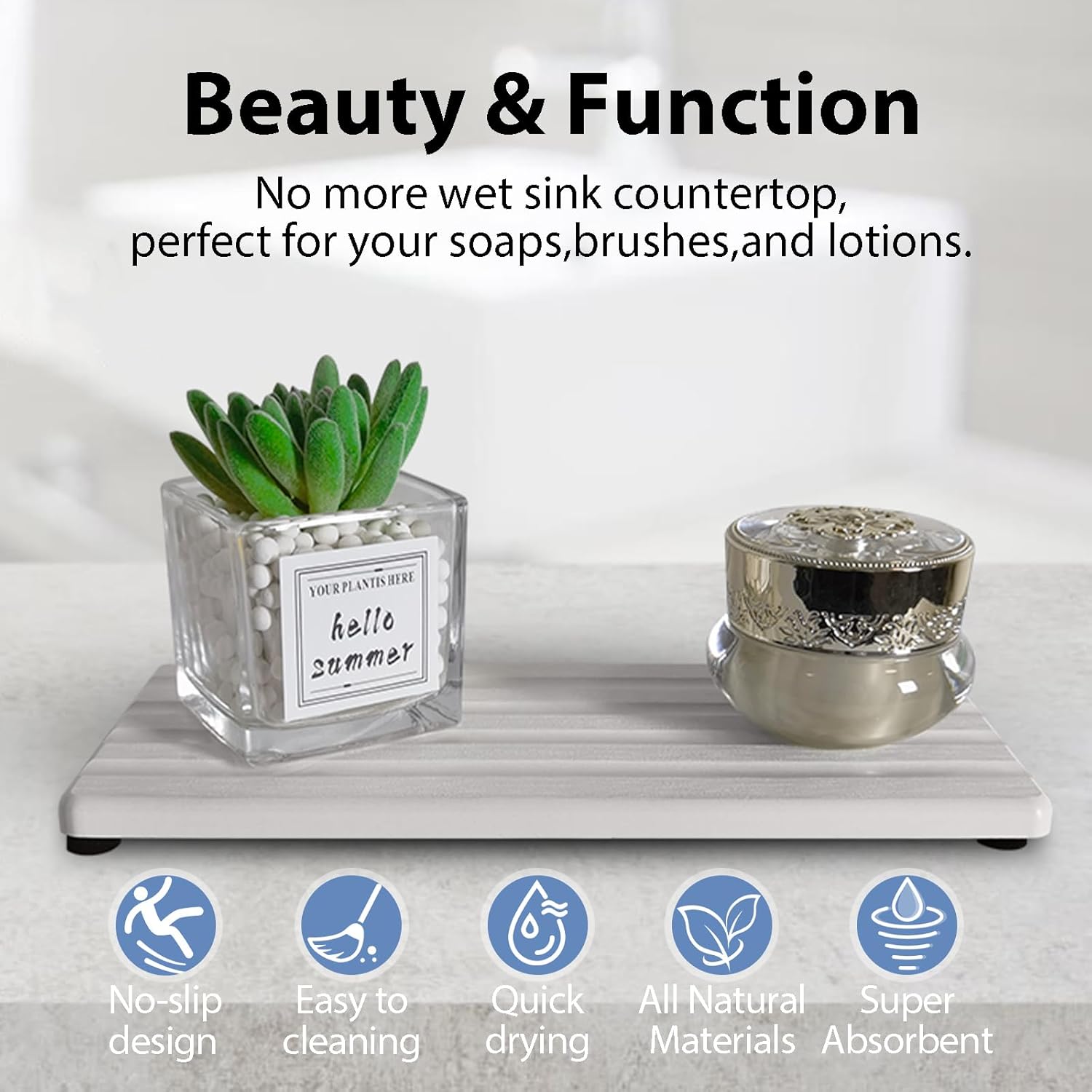 2 PCS Water Absorbing Stone Trays for Bathroom Sink & Kitchen Counter, Fast-Drying Diatomite Sink Caddy, Vanity Tray, Hand Soap Holder with Anti-Skid Pads (White, 8.7" x 4"/22 x 10cm)